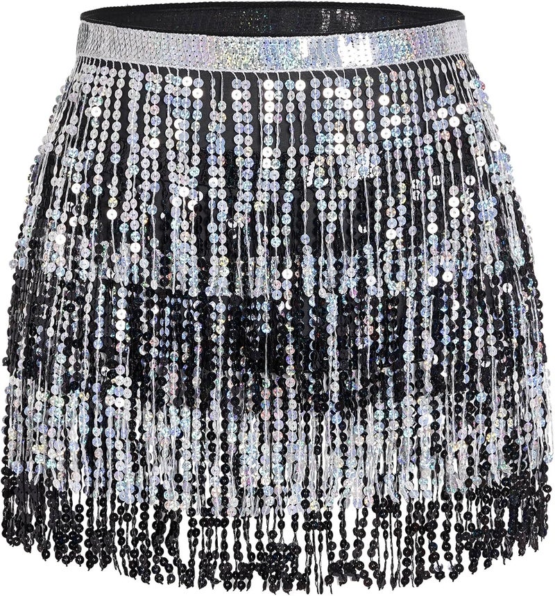 SUMERSHA Belly Dance Hip Scarf Sequin Tassel Skirt Wrap Sparkly Rave Costume for Women - Image 1